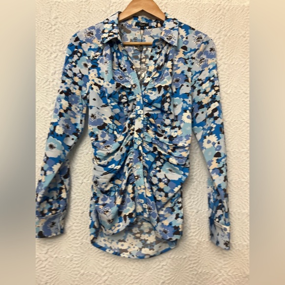 Rails Lisa Blouse Small Zinnia Blue Floral Long Sleeve Stretch Button Up Ruched - Picture 16 of 16